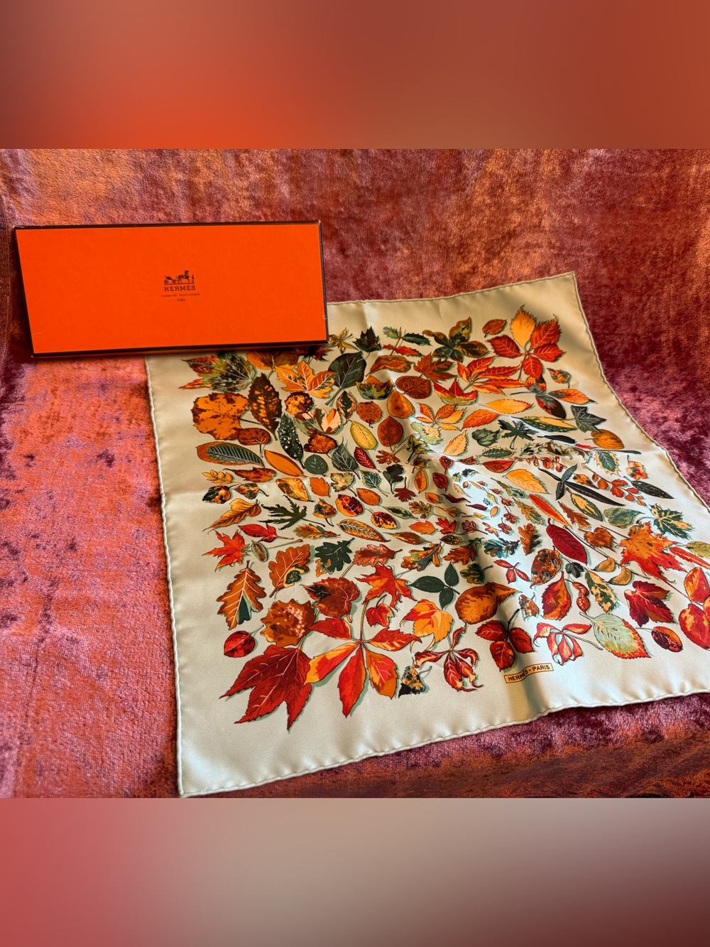 Hermès Paris 100% Silk Scarf Autumn Leaves Botanical Vintage w/ Box